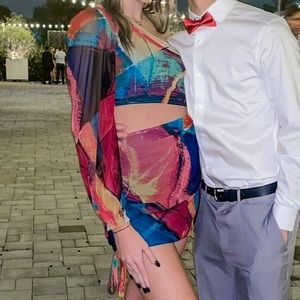 One shoulder, cut out multicolored dress.